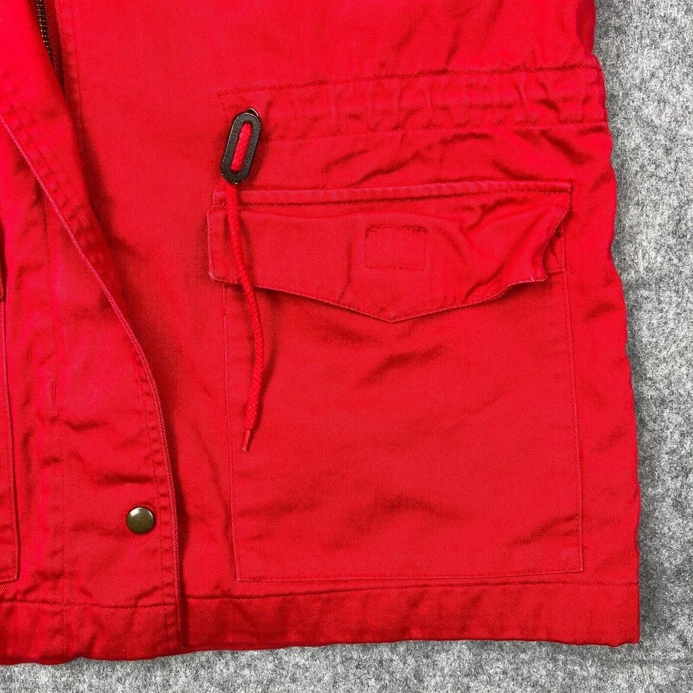 VTG Eddie Bauer Jacket Womens Medium Red Hooded Zip Snap Cotton Outdoors Pockets